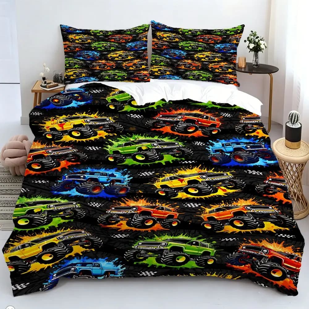 Set copripiumino da 2/3 pezzi con disegno di Monster Truck, set biancheria da letto con stampa digitale vivace, per decorare camere da letto e dormitori