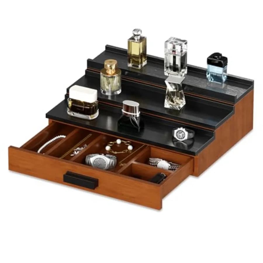 Wooden Cologne Organizer for Men 3 Tier of Elevated Cologne Display Shelf with Drawer Storage Perfume Organization and Storage