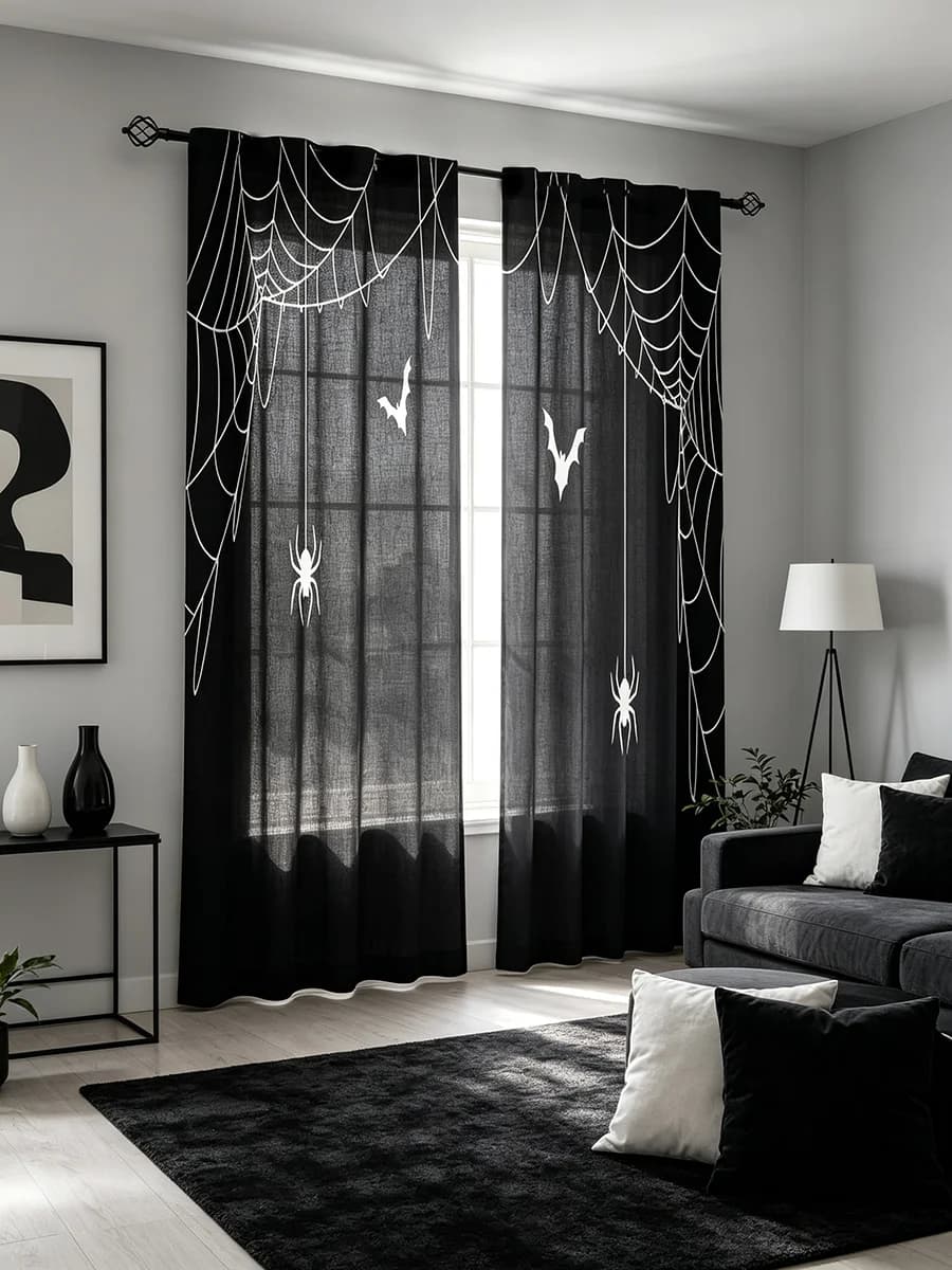 2PCS Halloween Curtains, Spider Web Bat Spider Print, Spooky Window Drapes for Halloween Party Bedroom Living Room