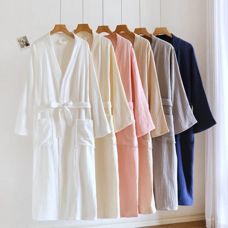 Spring Autumn Women's Simple Jacquard Robe Women's Nightwear 100% Cotton Cripe Bathrobe Girls Long Sleeve Home Kimono Robe