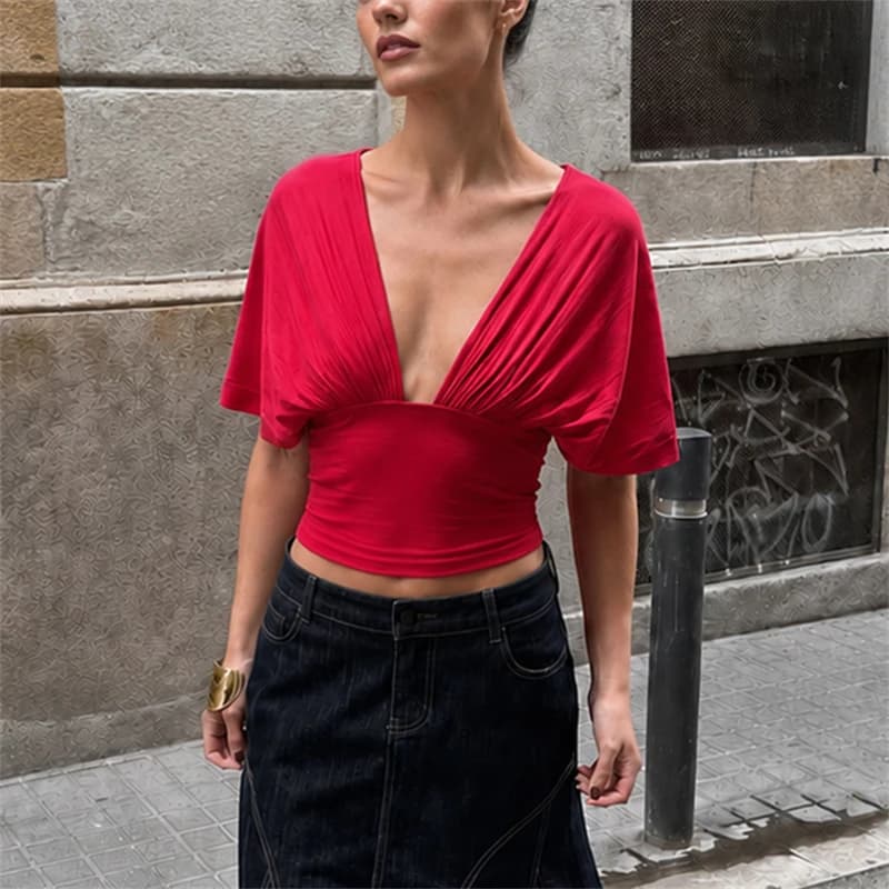 Top sexy da donna con scollo a V, senza schienale, con lacci e arricciature, modello Y2K slim, per club e feste, stile Hot Girl, Nuovi Top Estivi 2026