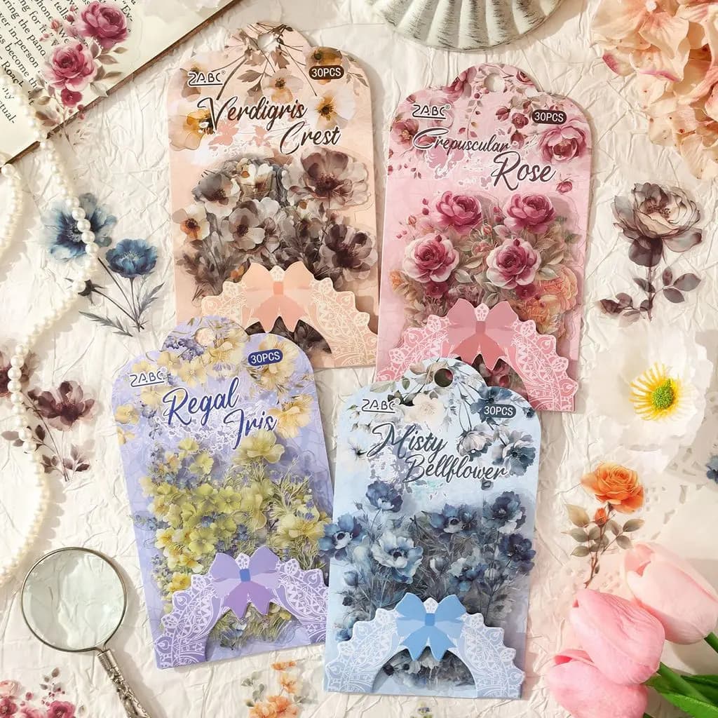 30pcs Floral Scrapbook Stickers Kit Vintage Flowers Transparent Stickers for Scrapbooking Supplies Aesthetic Junk Journal Craft