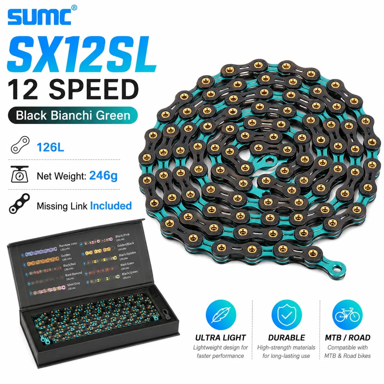SUMC SX12SL Bicycle Chain 12 Speed Black Diamond Series Full Hollow Ultra Light 252g MTB Road Bike Chain with Missing Link