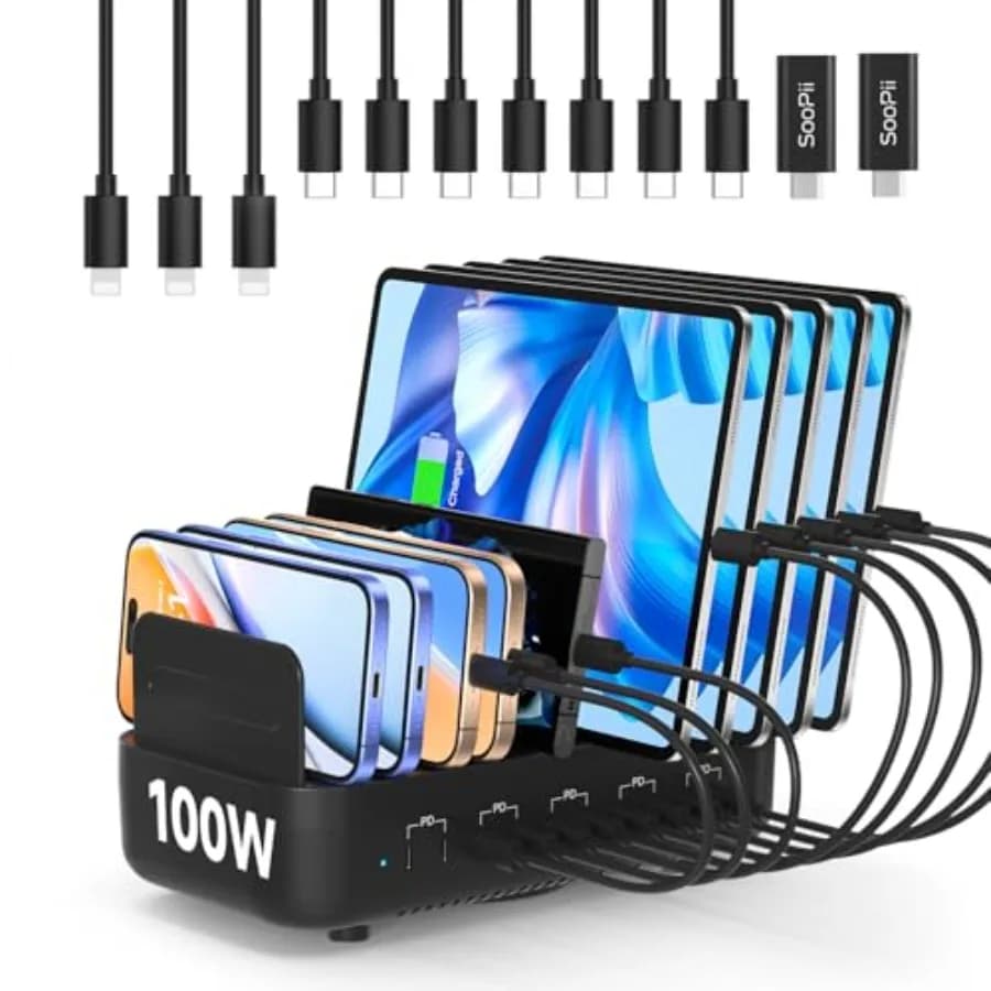 Stazione di ricarica USB-C da 100W, caricatore rapido PD a 10 porte, sicurezza con messa a terra a 3 pin, 10 cavi corti misti inclusi, organizer per la ricarica