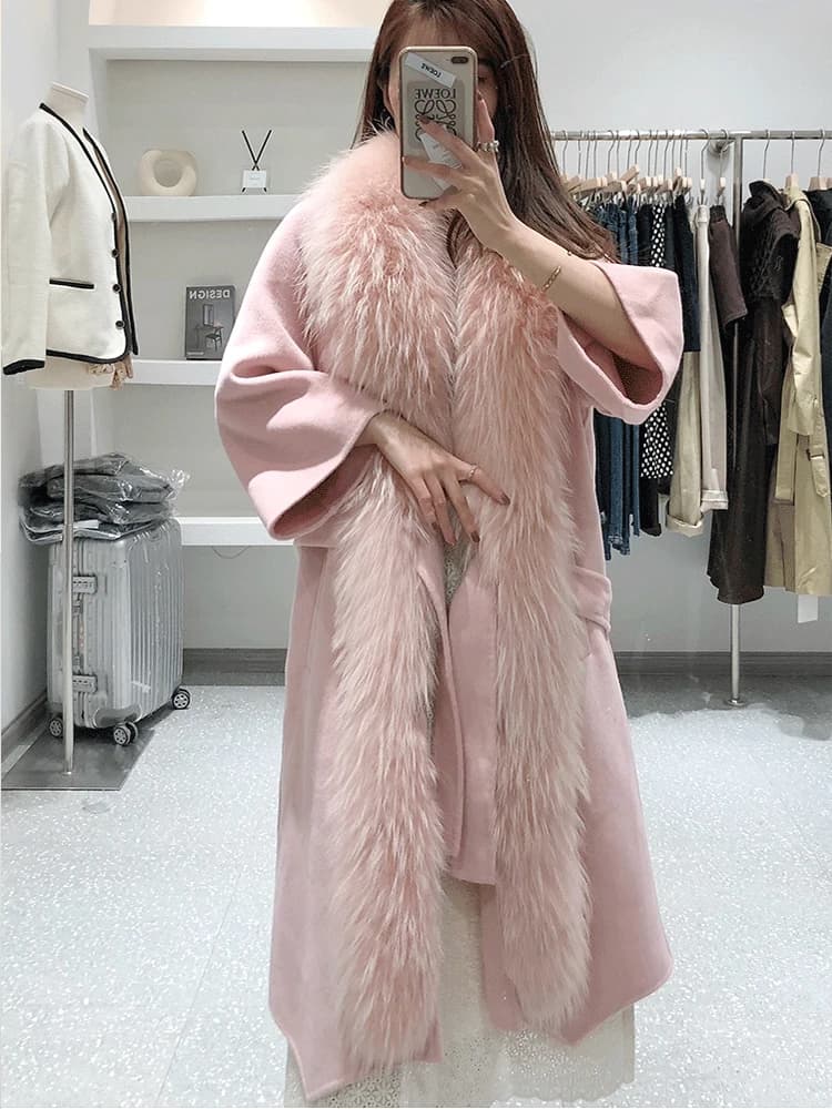 Cappotti invernali da donna misto lana di pecora Cashmere cintura con collo in vera pelliccia di procione naturale stile sottile capispalla autunnale femminile
