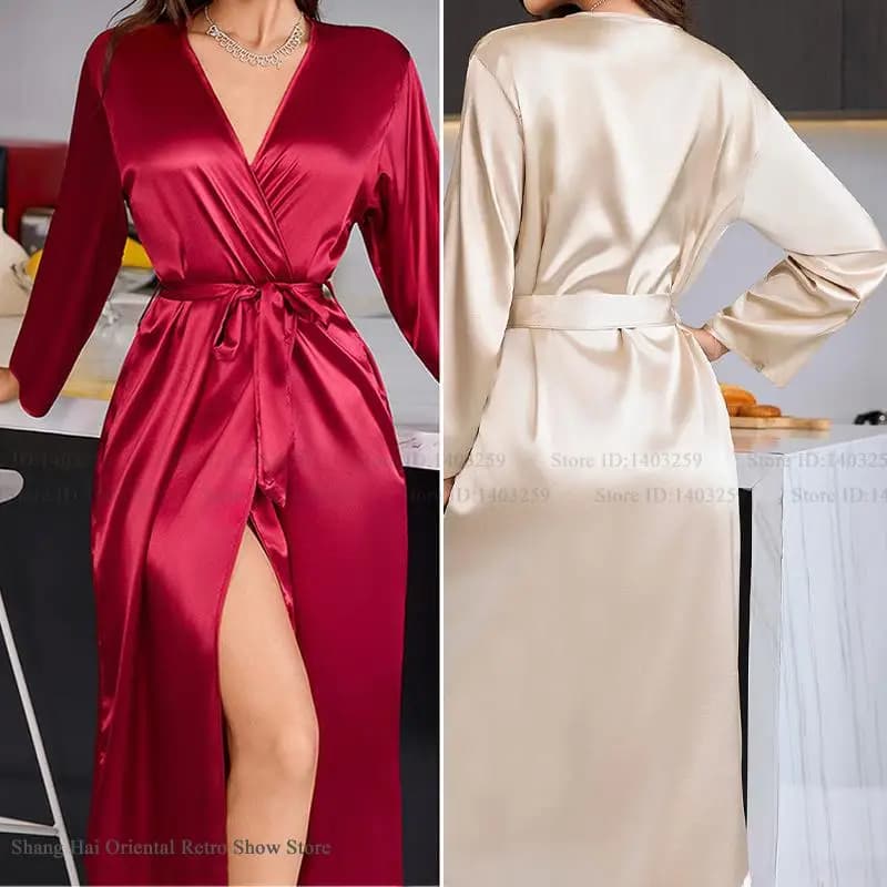 Plus Size 3XL 4XL 5XL Female Long Robe Kimono Gown Bathrobe Spring Autumn New Sleepwear Negligee SEXY Silk Satin Home Dress