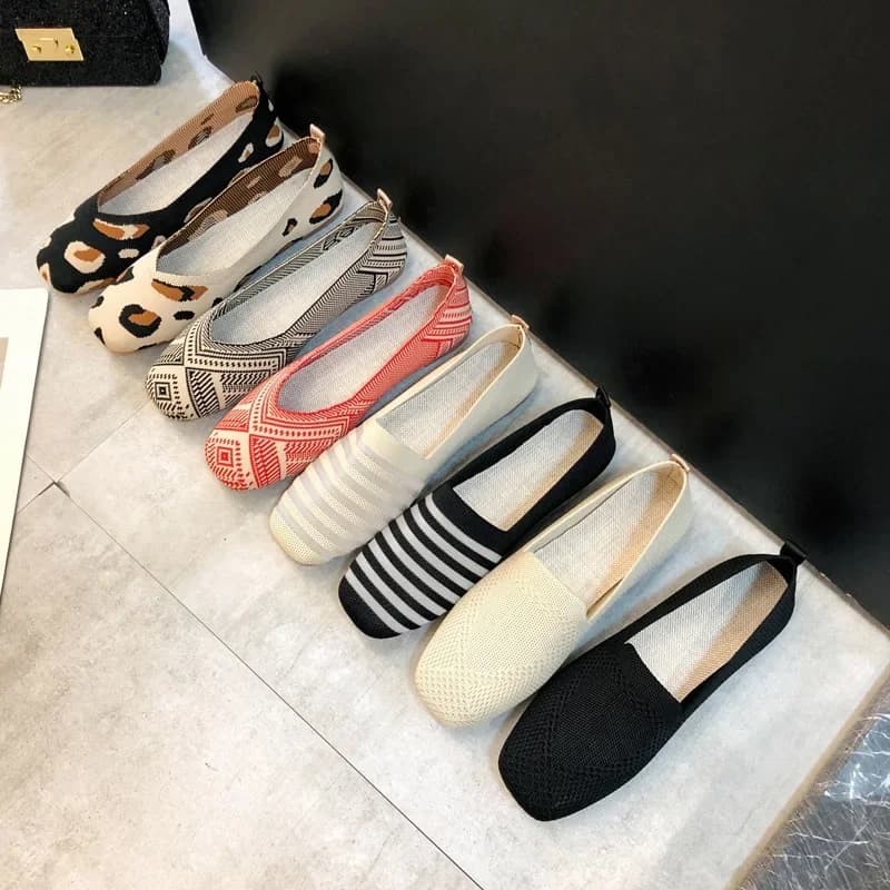 Square Toe Patchwork Women Shoes V Mouth Stretch Knit Breathable Fabric Ballet Flats Female Casual Cozy Sneakers Loafer Size 42