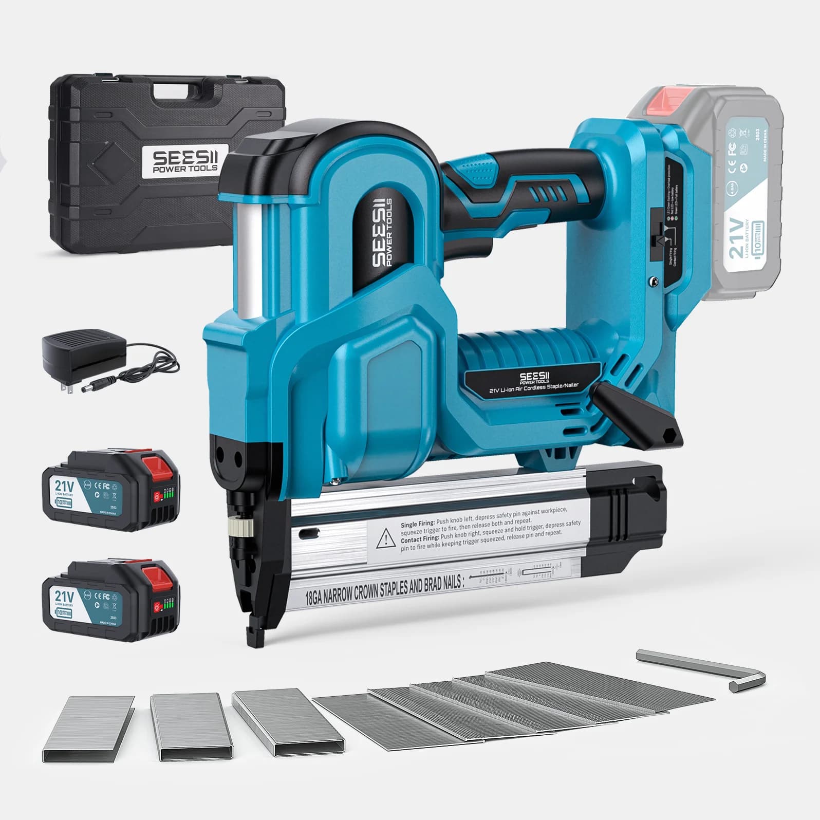 SEESII Chiodatrice Elettrica a Impatto 2 in 1 con Graffettatrice e Chiodatrice Brad, 1000 Chiodi Inclusi per Lavorazione del Legno e Fai-da-te, Batteria da 4.0Ah