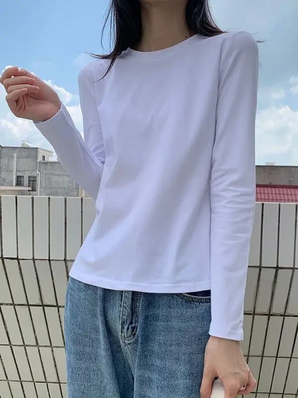 Women's Cotton Long Sleeve T-Shirt Loose Fit Versatile Base Layer Shirt Simple Inner Wear Summer Breathable Moisture Wicking