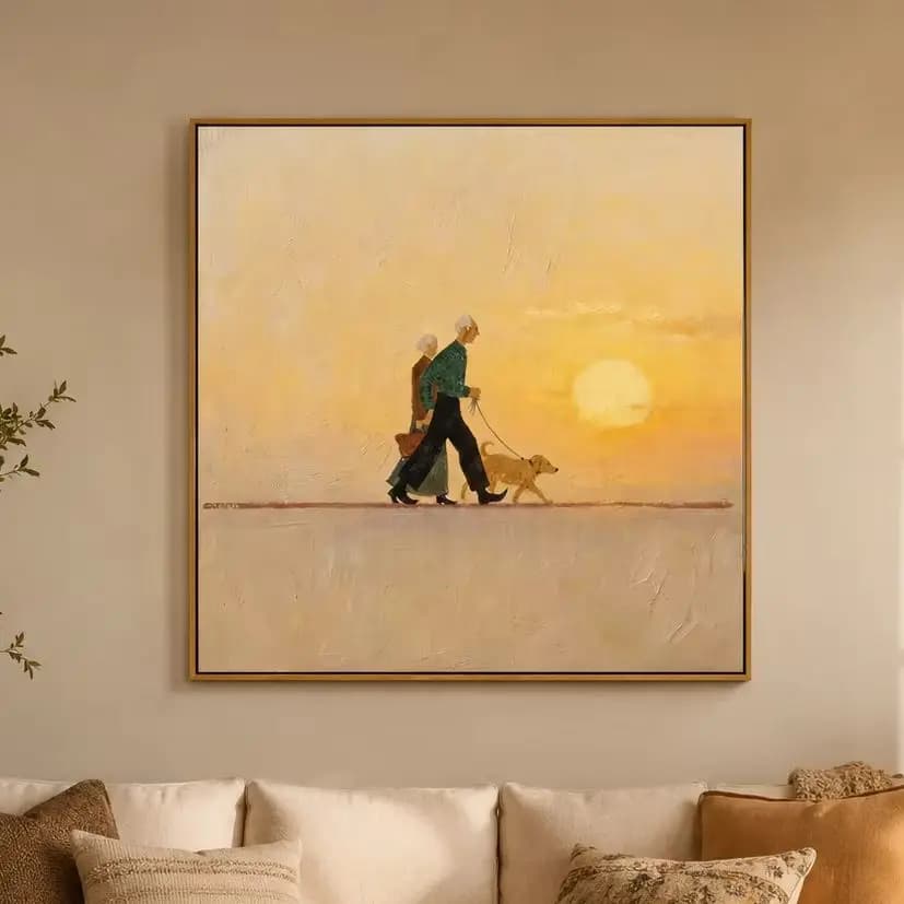 The Golden Hour Walk – Sunset Folk Couple & Dog Portrait Painting | Vintage Square Entryway Art for Bedroom, Living Room, Office