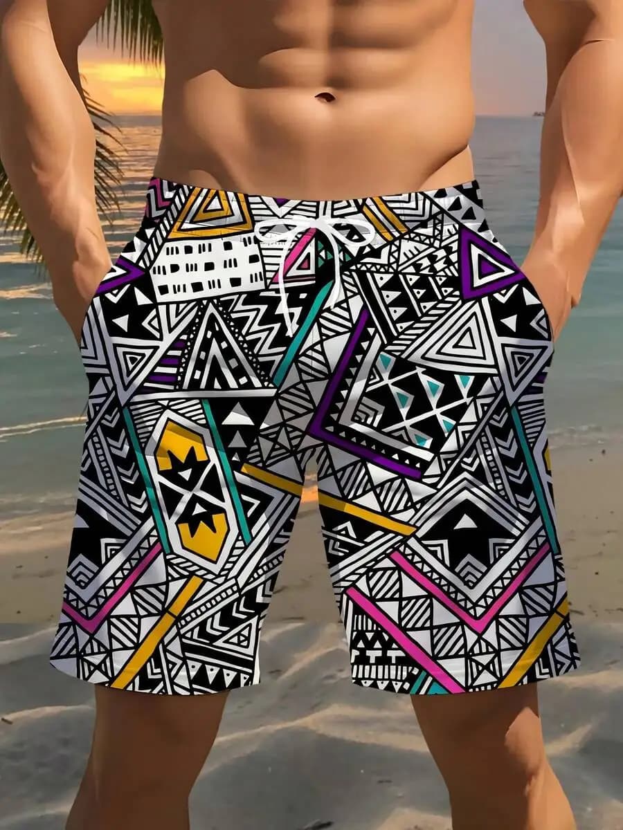 Pantaloncini da spiaggia casual da uomo con stampa geometrica e pantaloni estivi traspiranti con coulisse