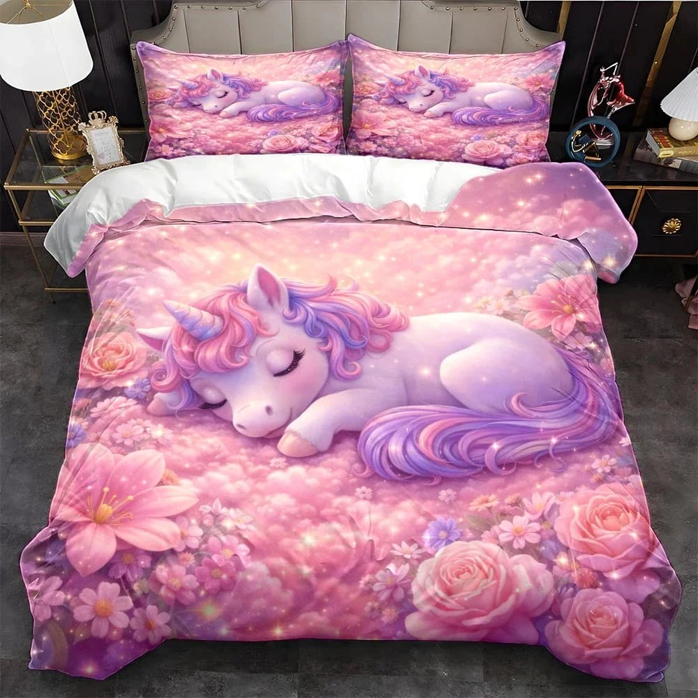 3Pc Dreamy Unicorn Floral Duvet Cover Set, Three-Piece Bed Set (1 Duvet Cover + 2 Pillowcases), Suitable for All Seasons, Machine Washable, Invisible Zipper Design, Large Double Bed Cover Set, Suitable for Home, Dormitory, Master Bedroom, Guest Room, Ins-Style Pink Starry Sky Floral Bedding, Soft and Skin-Friendly Three-Piece Bedding Set, Popular Girly Unicorn Bedding, Fairy Tale Floral Print Duvet Cover Set, Comfortable and Breathable Home Bedding Set 2