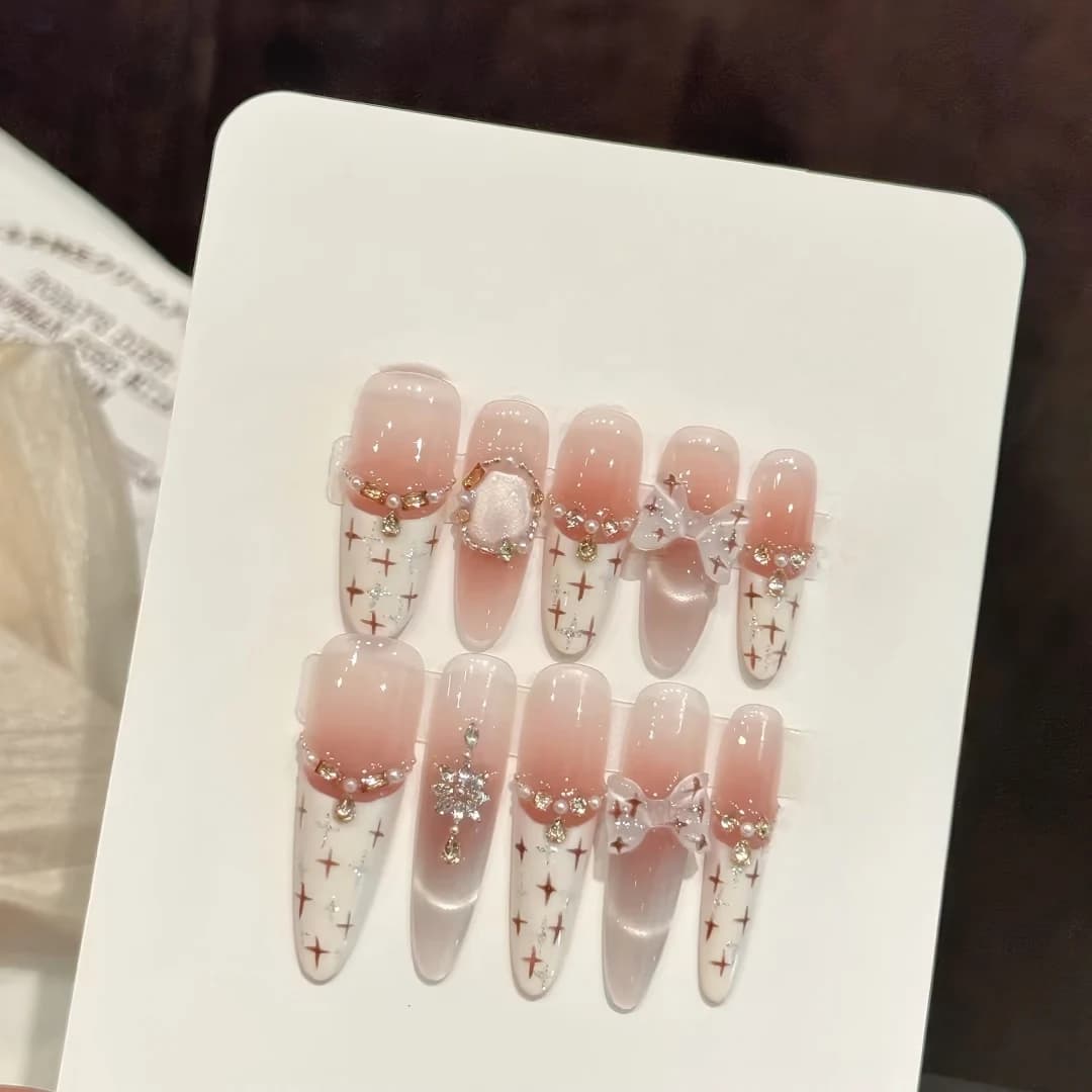 10 pieces of handmade fake nails, cream scented, press-on fake nails, french cat eye design, two types of nails