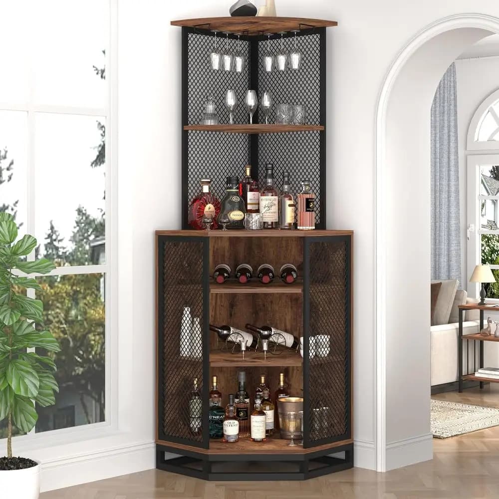 71 Tall 5-Tier Wine Display Cabinet with Glass Holder, Rustic Brown, Adjustable Shelves for Liquor Storage