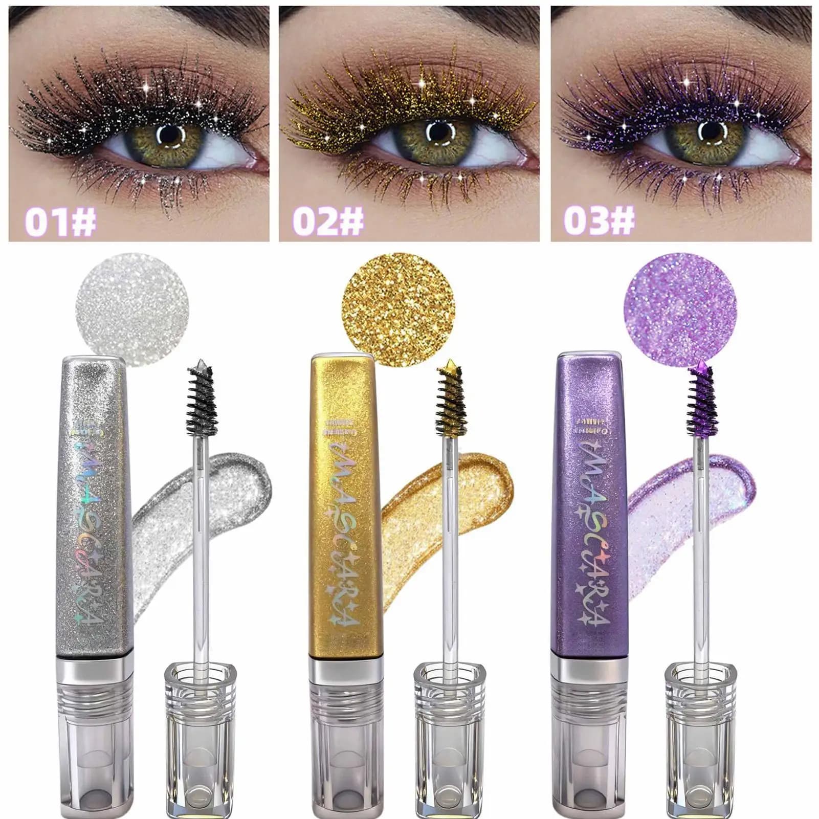 Sparkling Mascara with Diamond Glitter, Long Duration, 3D Volume, Incurvante, Shimmer Effect, Purple, Silver, Gold