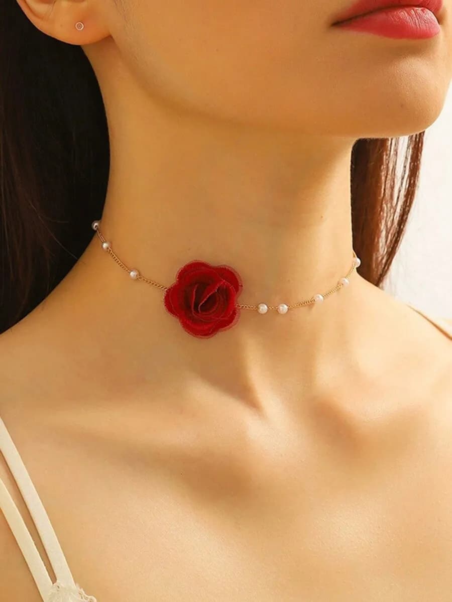 1pc Elegant Fashion Sweet Faux Pearl Chain Chiffon Flower Necklace For Women, Suitable For Festival, Birthday, Date, Party, Wedd