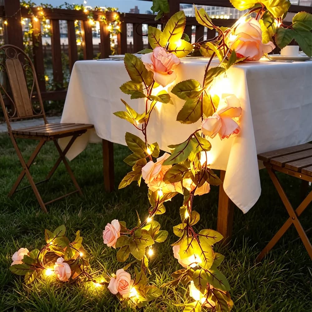 Luci a stringa a batteria per albero di Natale, decorazioni per la casa, ghirlanda floreale con foglie verdi, luci fatate artificiali a forma di vite