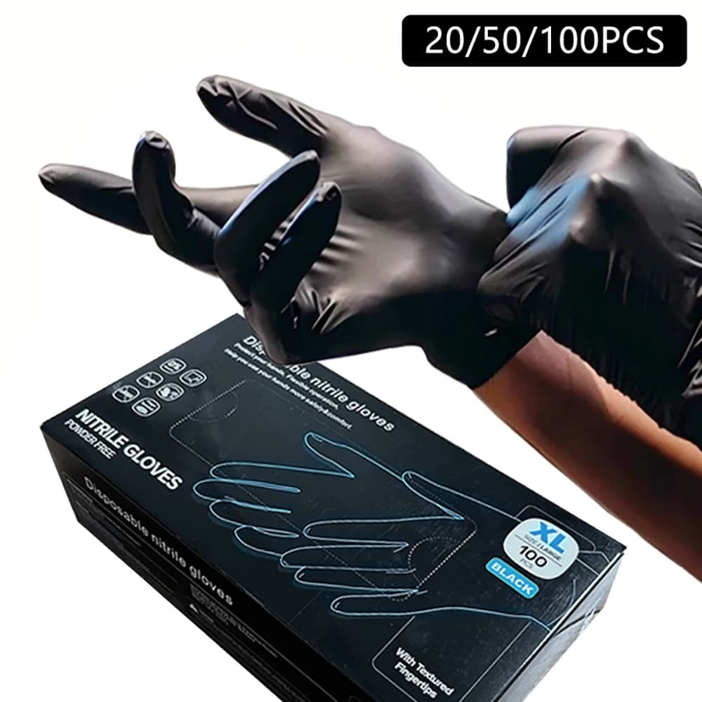 100/50/20 Pezzi Guanti in Nitrile Nero Senza Lattice e Senza Polvere per Tatuaggi, Manicure, Pulizie in Salone, Guanti Monouso per Alimenti e Lavoro