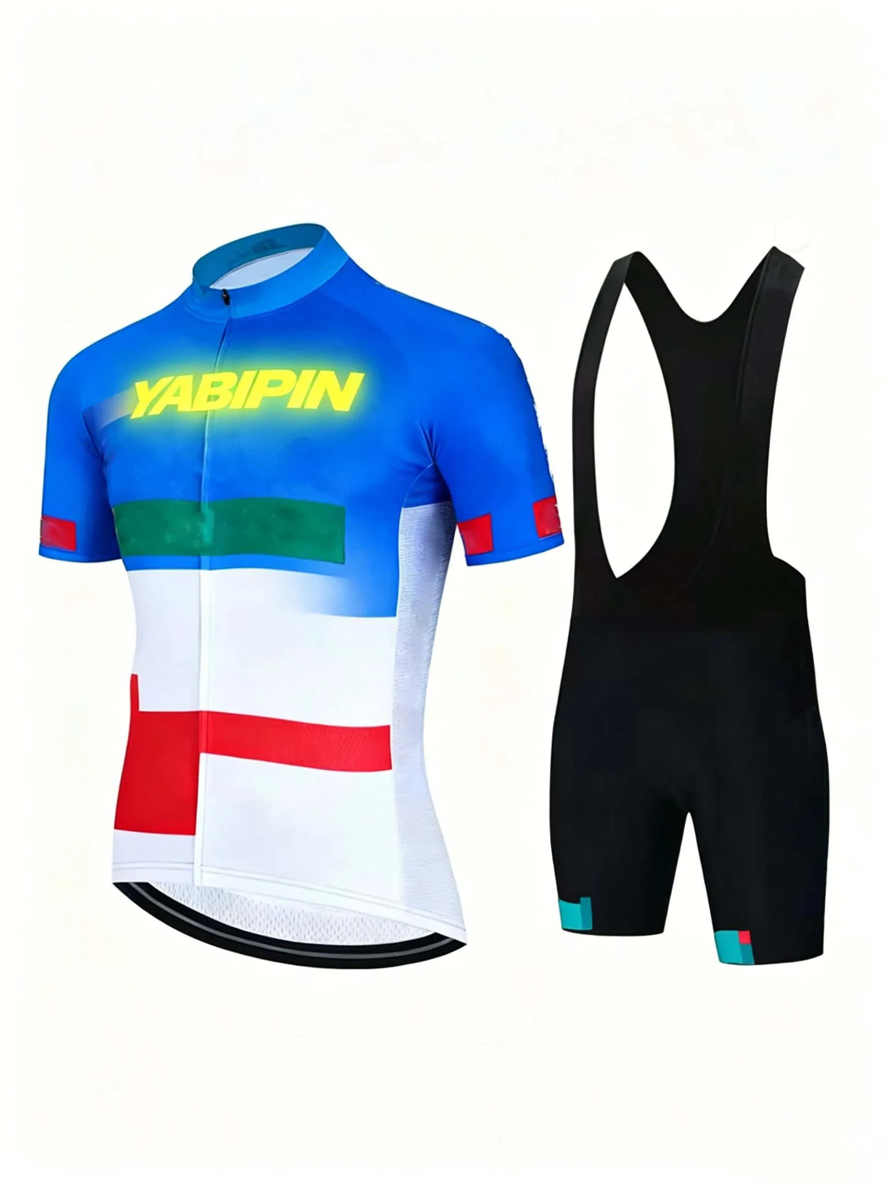 Men’s Cycling Bib Set, Short Sleeve Stand Collar & Black White Bib Shorts, Quick Dry Breathable 2 Piece Outfit