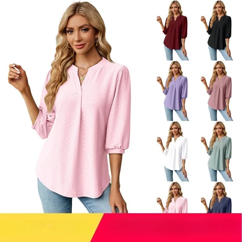 Autumn Winter Solid Color V-neck Jacquard Seven Points Sleeve Loose T-shirt Women