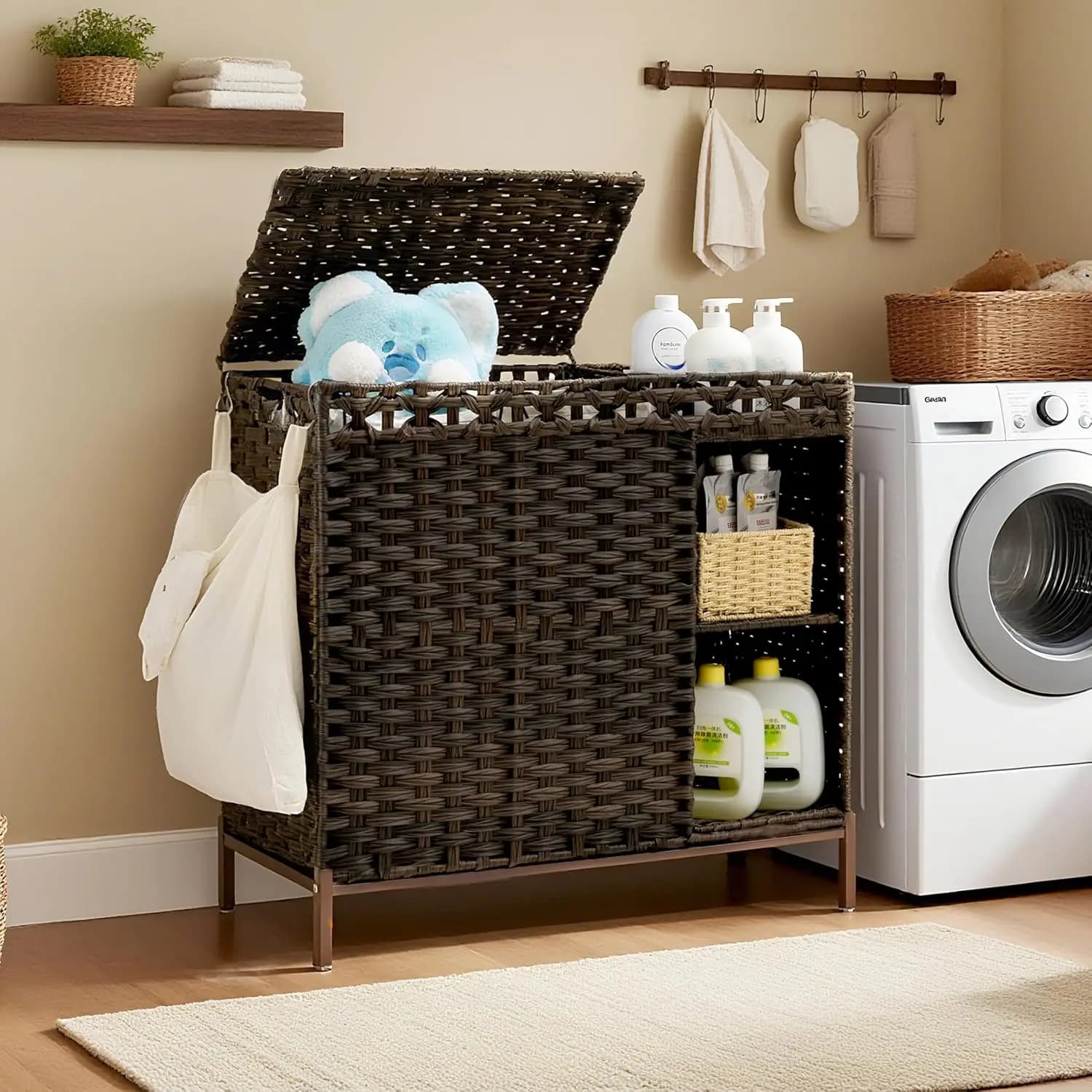 Cesto Portabiancheria in Rattan da 110L con Coperchio, Cesto Divisorio a 2 Scomparti, Ripiano Portaoggetti da 50L, Include 3 Sacchi Interni e Maniglie