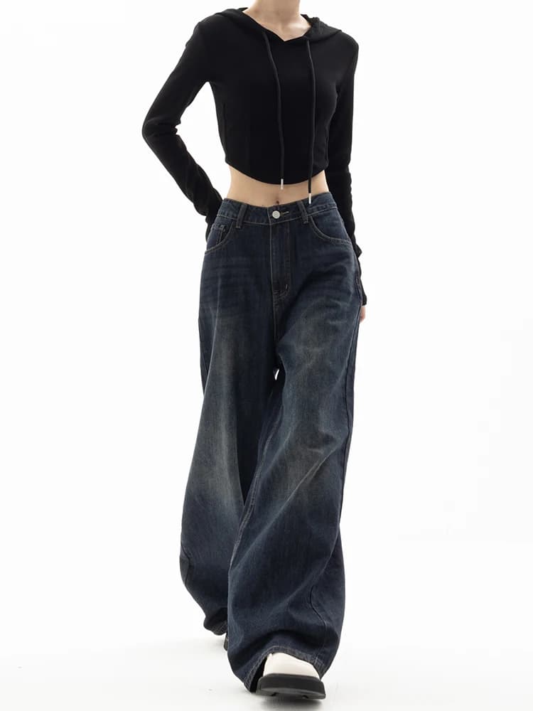 EDX American Wide Leg Jeans Women's Loose Washed Straight Cut Pants Cotton Stretch Denim Anti-Wrinkle Casual Style Autumn Season