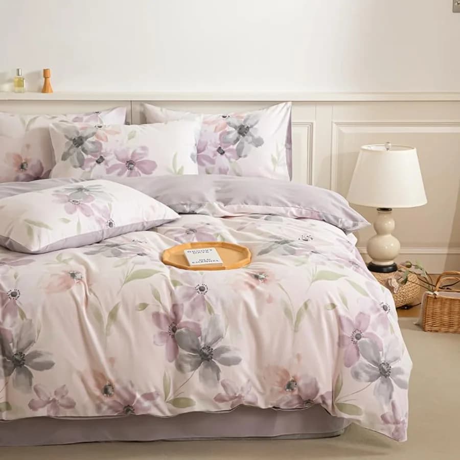 Brushed Cotton Duvet Cover Queen Size Soft Floral Bedding Set, Cozy Fall Winter Duvet Cover with Zipper Closure, Purple 3-Piece