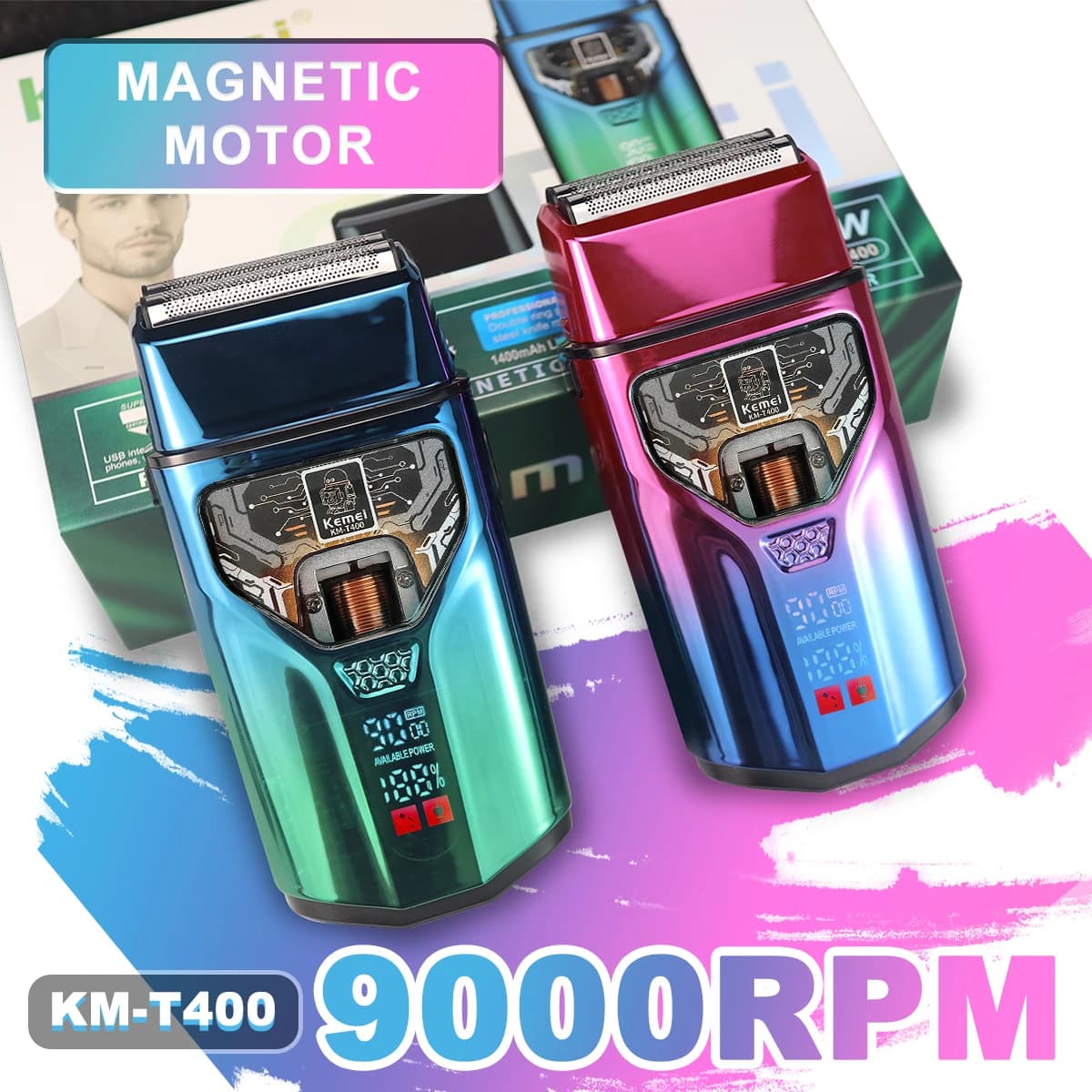 KEMEI KM-T400 Shaving Machine for Men Dual Foil 9000RPM 5W Magnetic Motor LCD Display Professional Barba Trimmer Electric Shaving Machine