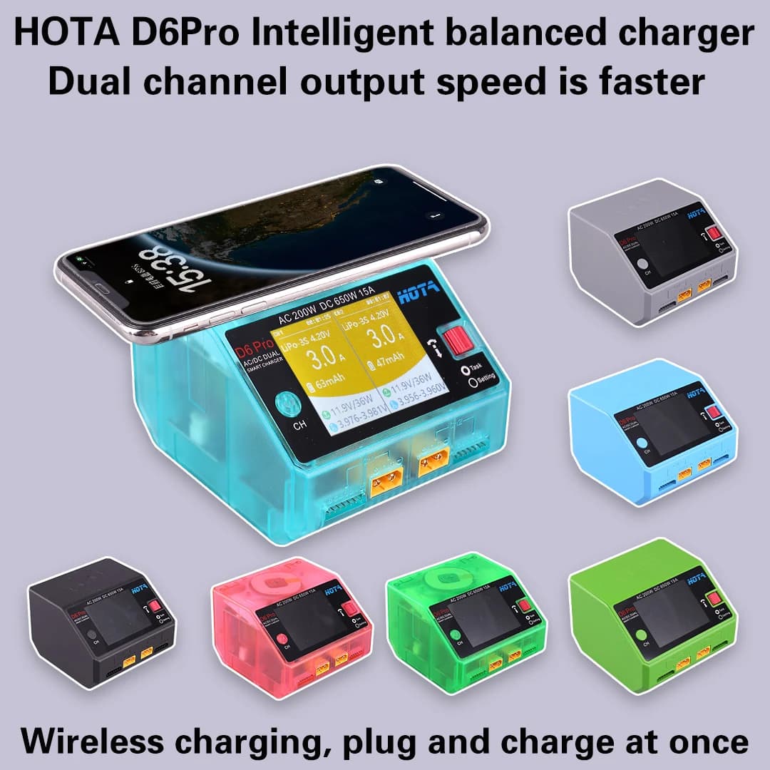 Caricabatterie HOTA D6 Pro AC 200W DC 650W 15A*2 a Doppio Canale per Batterie Lipo con Supporto per Distribuzione di Energia 1-6S per Modelli RC