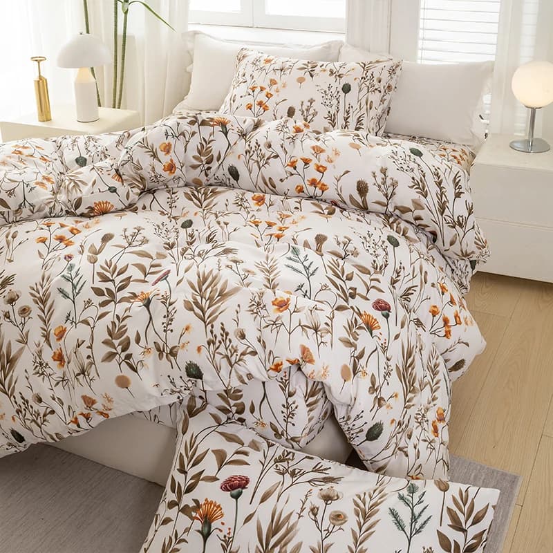 Set duvet with floral pattern of leaves, 3 pieces/set (1 headdress and 2 pillowcase), soft and delicate headdress set on the skin for
