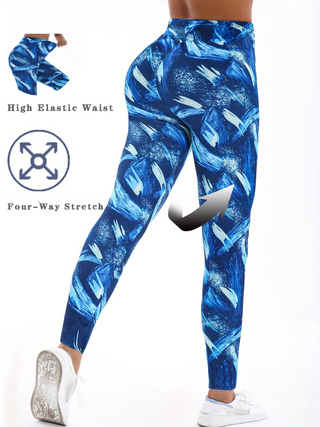 Pantaloni da donna attillati casual geometrici con stampa fantasma blu bianco Altezza sana Allungamento adatto Esercizio sportivo da corsa