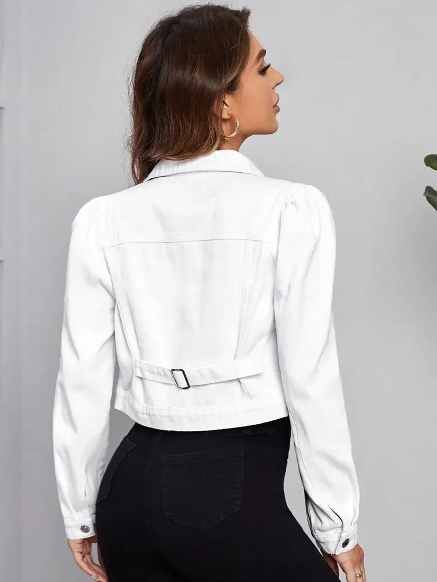 Womens Short White Denim Jacket With Snap Buttons Casual Style
