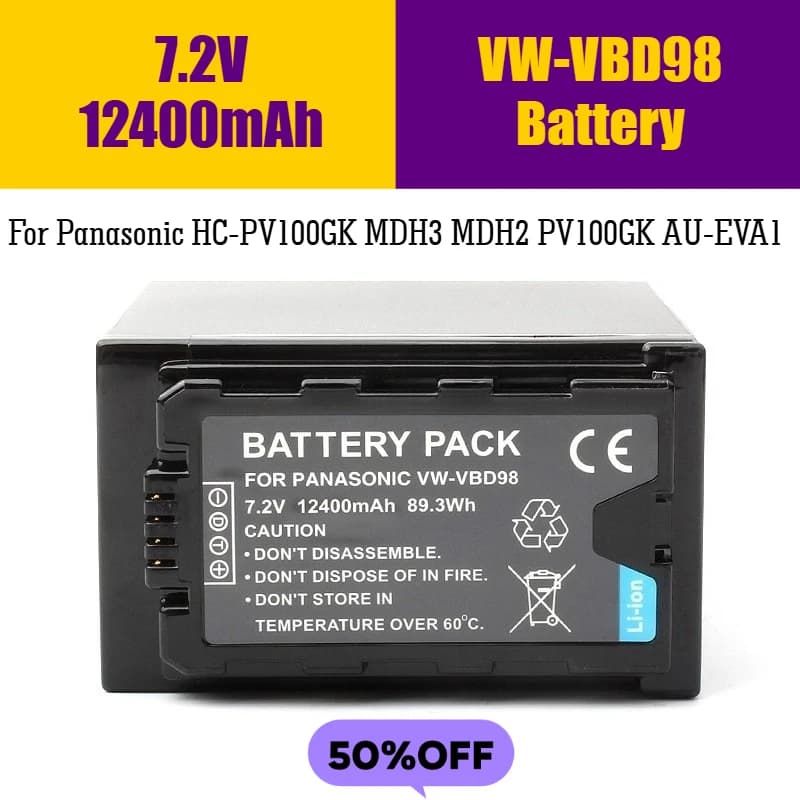 Batteria VW-VBD98 da 7,2 V 12400 mAh, per Panasonic HC-PV100GK MDH3 MDH2 PV100GK AU-EVA1