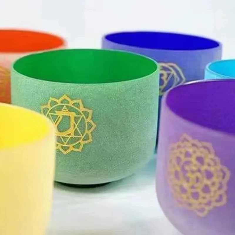 7-12 Inch Colored Chakra Frosted Quartz Crystal Singing Bowl Set 7 Pcs With Purple Canvas Carring Case 2 Pcs Suede Sticks Mallet