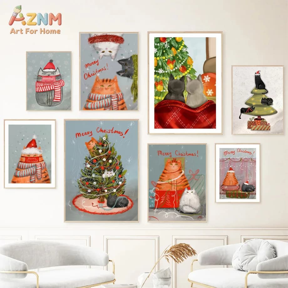Nordic Christmas Tree and Cat Print Posters Nordic Holiday Decoration Canvas Painting Living Room Wall Art Aesthetic Home Decor