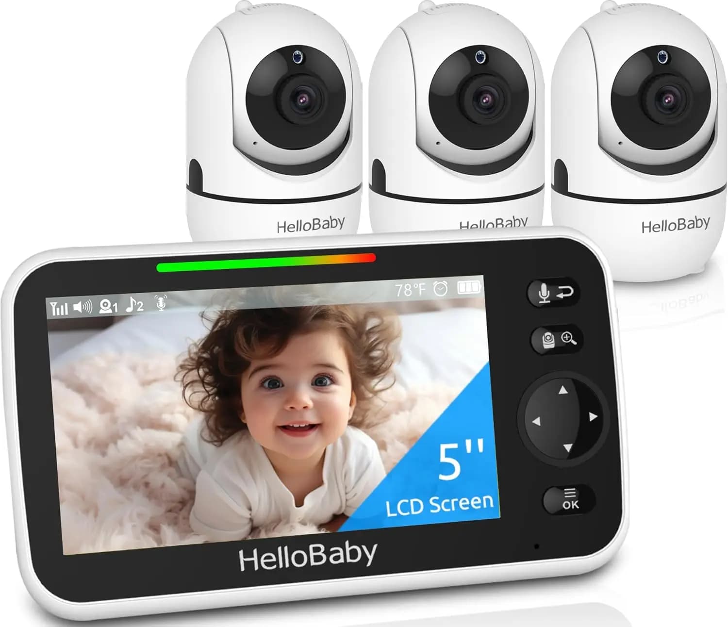 Baby Monitor con Schermo da 5 Pollici, 3 Telecamere, Portata di 300 Metri, Visione Notturna, Sensore di Temperatura e Audio