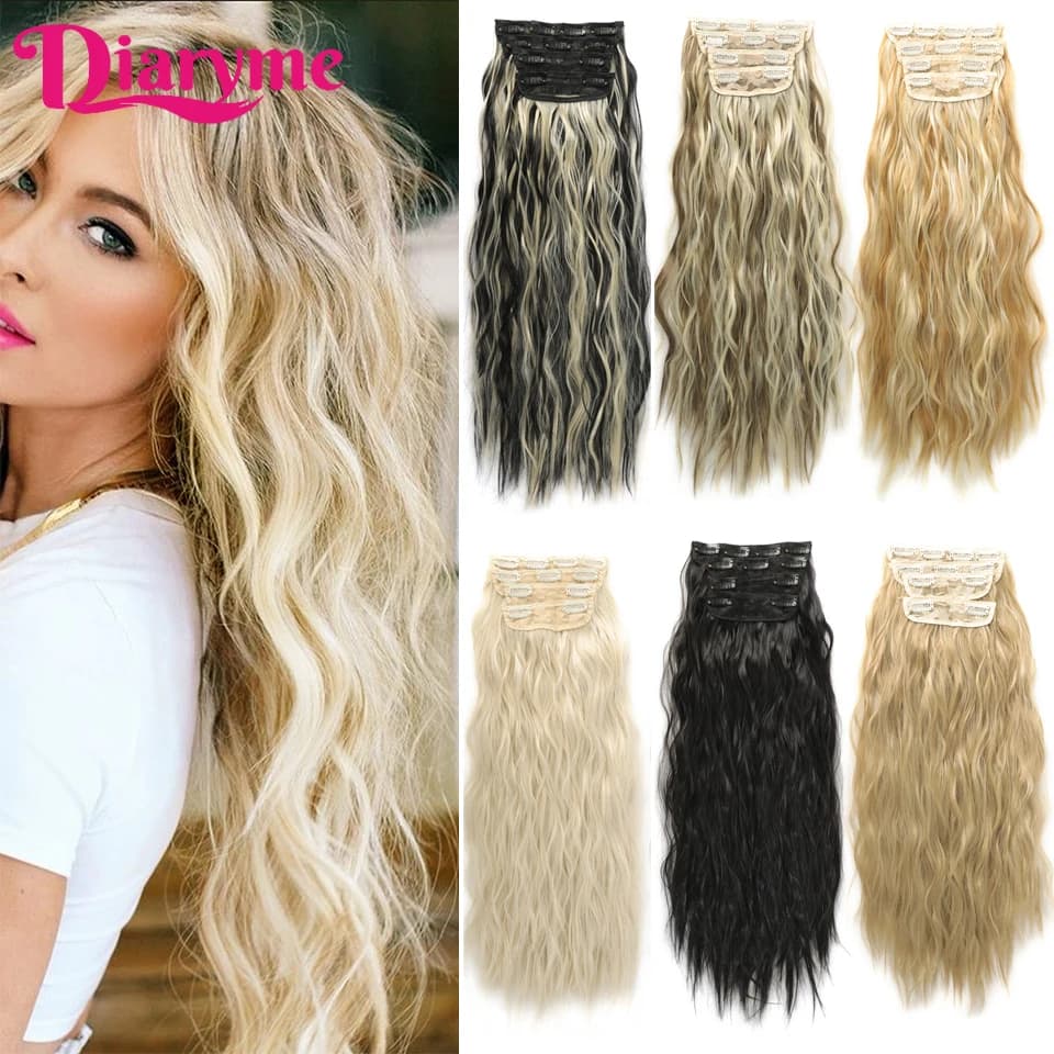 Set di 4 Extension per Capelli Ricci Sintetici, Lunghe, Effetto Ondulato, Bionde e Nere, Resistenti al Calore, con Clip