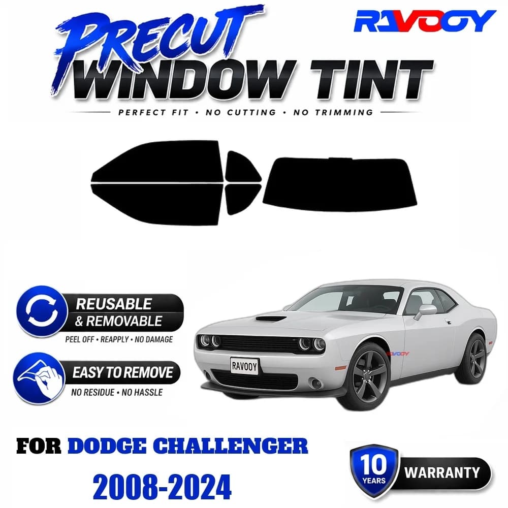 RAVOOY Precut Window Tint, Reusable Removable EPU Film, Custom Fit for Dodge Challenger 2008-2024, UV Heat Protection