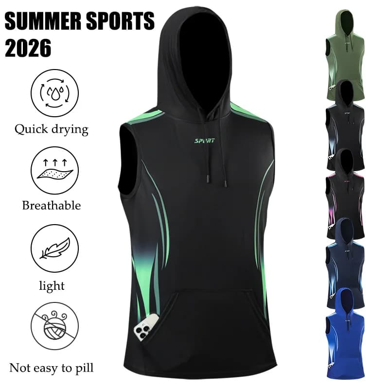Gilet Sportivo Estivo Leggero da Uomo, Asciugatura Rapida, Traspirante, Ampio, con Blocchi di Colore, con Cappuccio, per Jogging ed Escursionismo, Senza Maniche