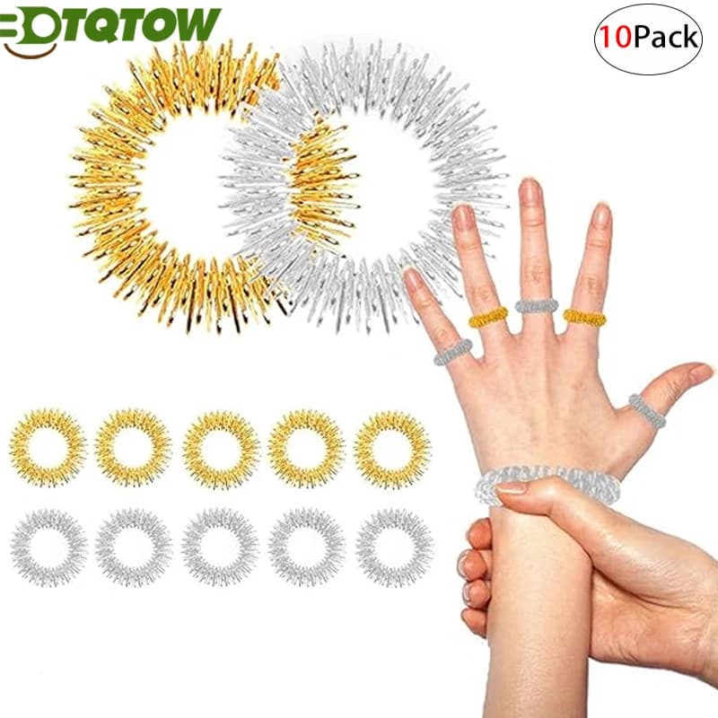 Anelli per massaggiatore per dita da 10 pezzi-anelli per la circolazione delle dita dell'anello a molla per agopuntura delle dita per il dolore al massaggio del polso della mano (argento dorato)