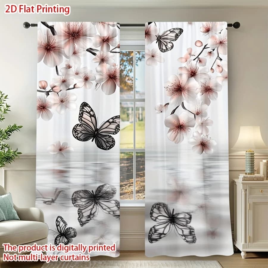 2PCS Digital Printed Curtains, Cherry Blossom Butterfly Water Shadow Pattern, Modern Home Decor for Living Room Bedroom