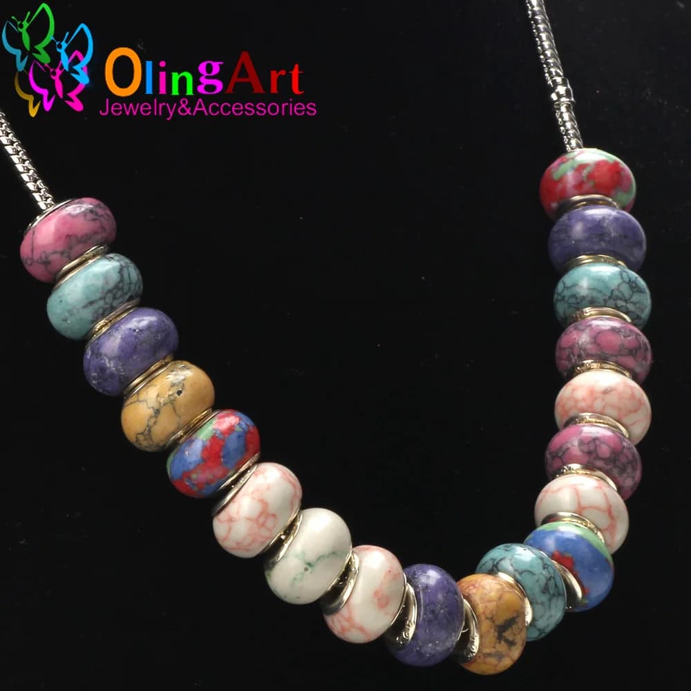 OlingArt 14x7mm 12Pcs/lot Synthetic European large hole beads 5MM Multicolor mixing DIY bracelet/necklace Jewelry making