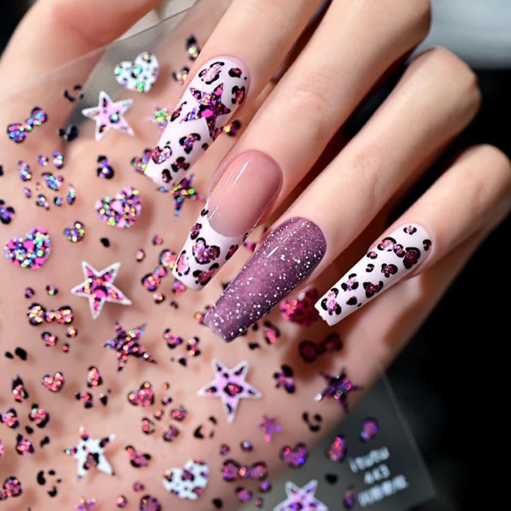 1 pz rosa glitter stampa leopardo amore fiocco decalcomania per unghie 5d gelatina laser stella cuore bowknot leopardo nail art adesivo Y2k sexy nail dicembre
