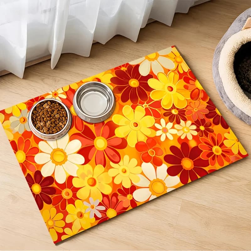 Pet Feeding Mat 1pc 2D Flat Pastoral Floral Pattern Pet Placemat, for Placing Cat and Dog Food and Water Bowls, Pet Dining Mat