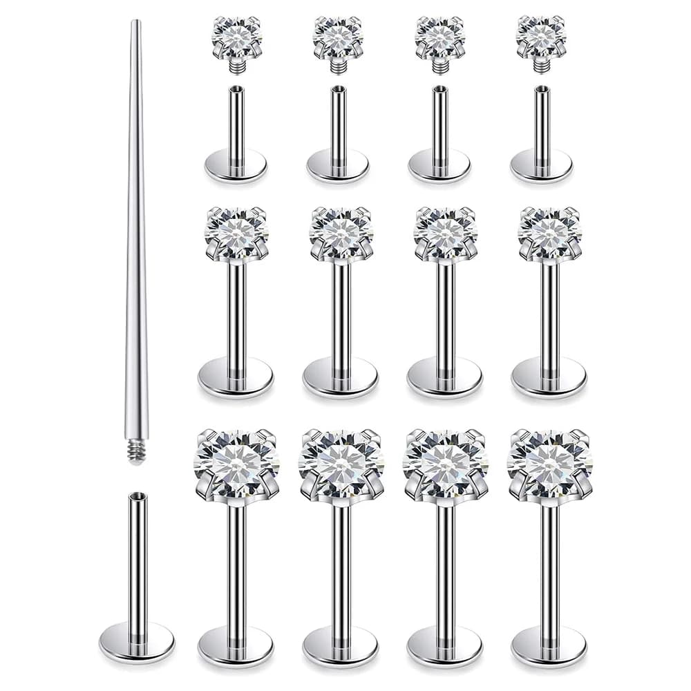 13 PCS Labret Piercing Set Surgical Steel CZ Zirconia Lip Stud Bar Earring Cartilage Tragus Flat Back Earrings Body Jewelry 16G