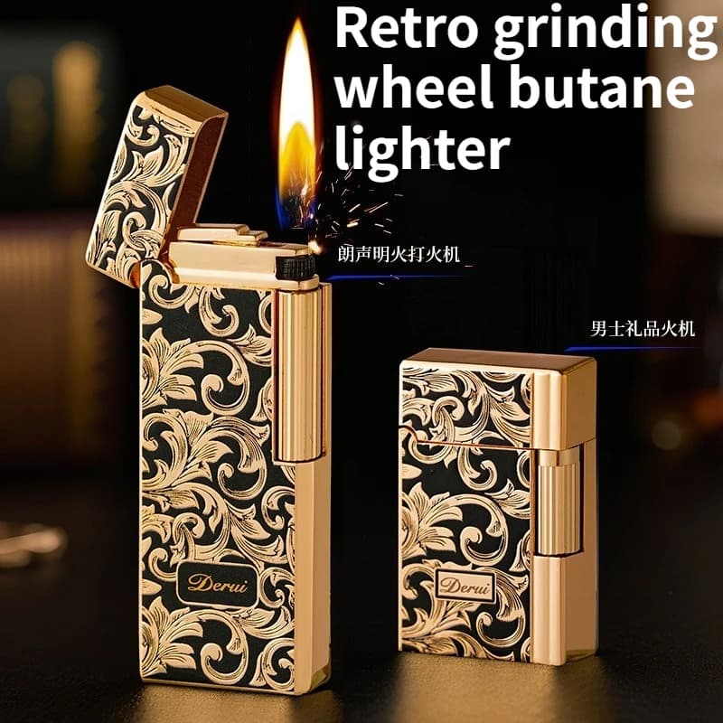 Black Gold Tang Grass Relief Pattern Inflatable Side Sliding Grinding Wheel Ignition Lighter High-end Men's Gift