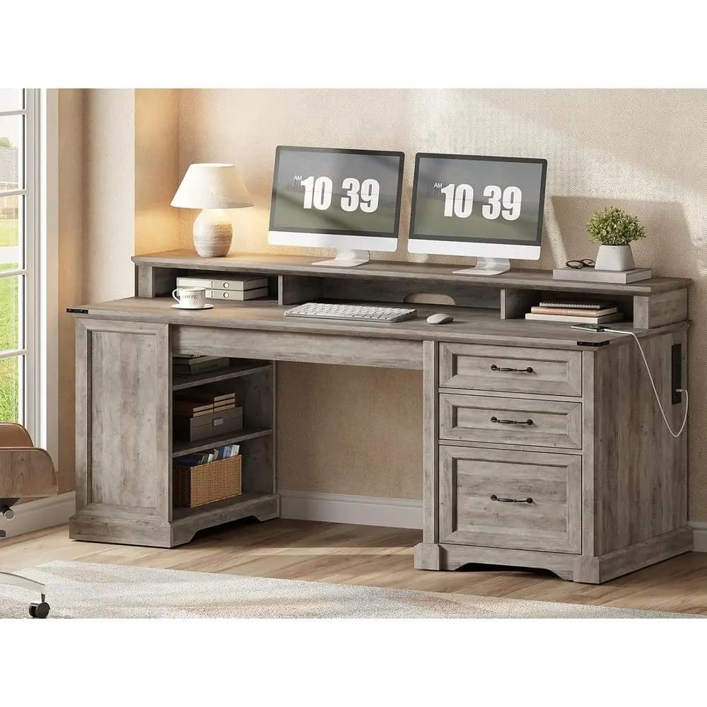 Scrivania Direzionale Moderna 55 con Cassetti, Scrivania per Ufficio Domestico, Mobile Contenitore, Stazione di Ricarica, Supporto Monitor, Scrivania per Scrittura e Gaming