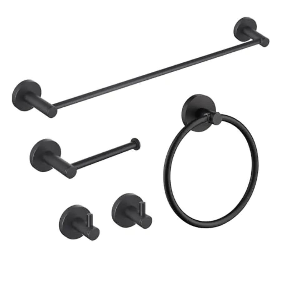 Set di accessori per il bagno dal design circolare moderno: acciaio inossidabile nero opaco, 5 pezzi inclusi 1 porta asciugamani, 1 anello portasciugamani, 1 portasciugamani da parete