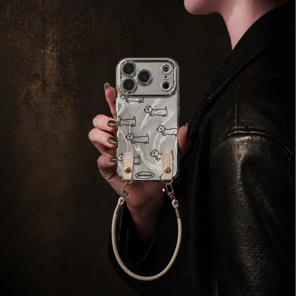 Wrist Strap Lanyard Phone Case For iPhone 17 16 15 14 13 12 11 Pro Max 7 8 15 16 14 Plus 16E 17E XR Cartoon Cute Dachshund Cover