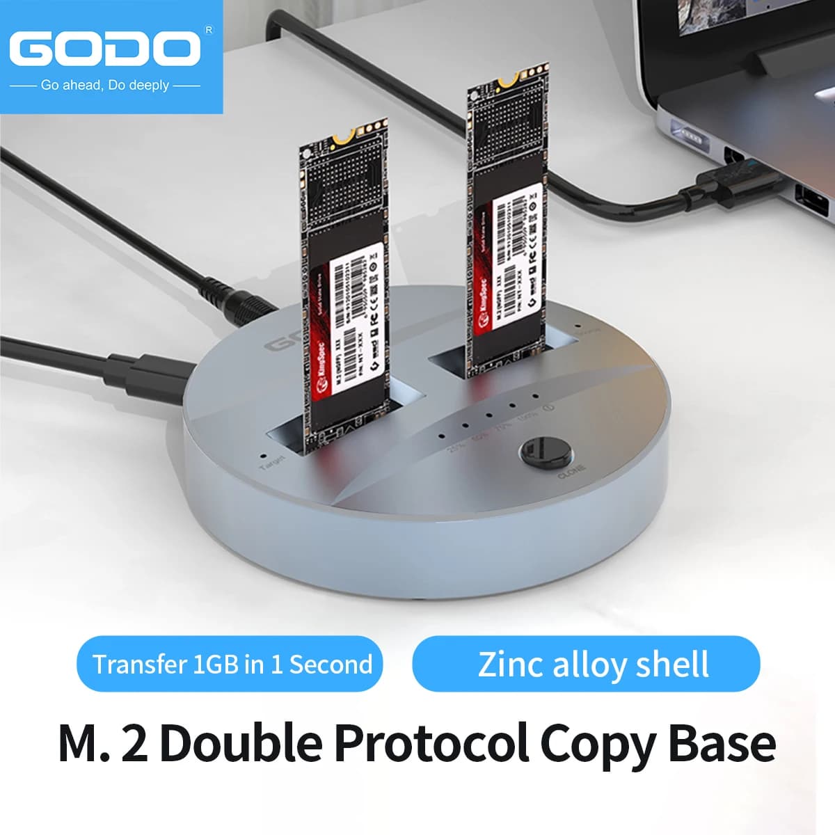 Duplicatore GODO NVMe/SATA M.2 Dual-Bay Offline Clone Docking station da USB C a NVME/SATA per dischi rigidi M2 SSD M Key e B+M Key